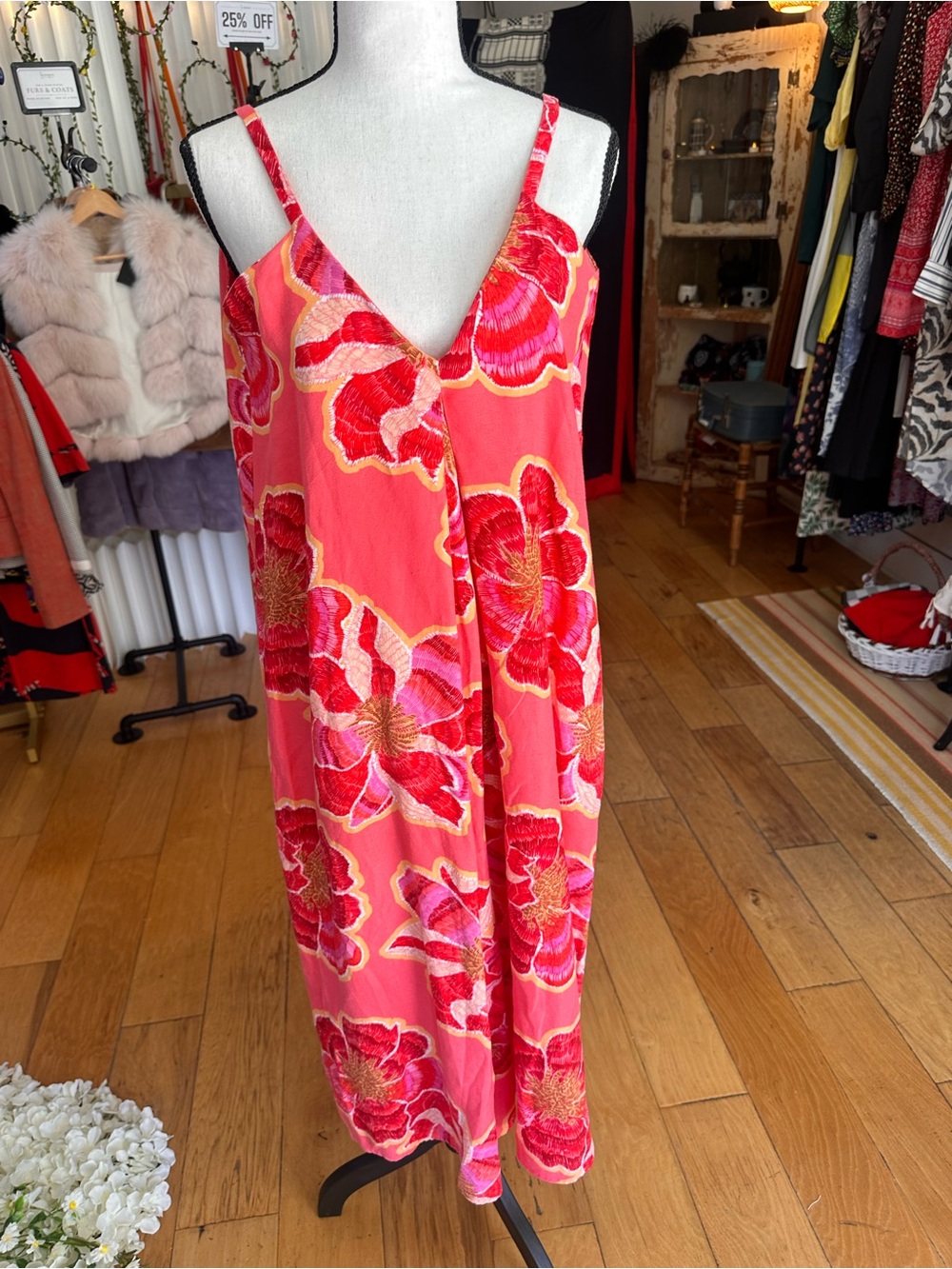 Coral Floral Linen-Blend Maxi Dress